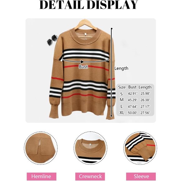 Women's Brown Batwing Long Sleeve Crew Neck Striped Oversized Pullover Sweater - Picture 4 of 5
